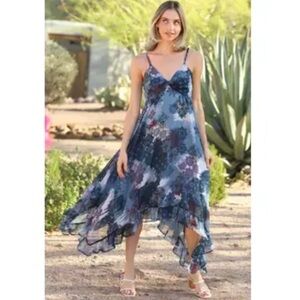 V Neck Sheer Maxi Dress Floral Blue Multi